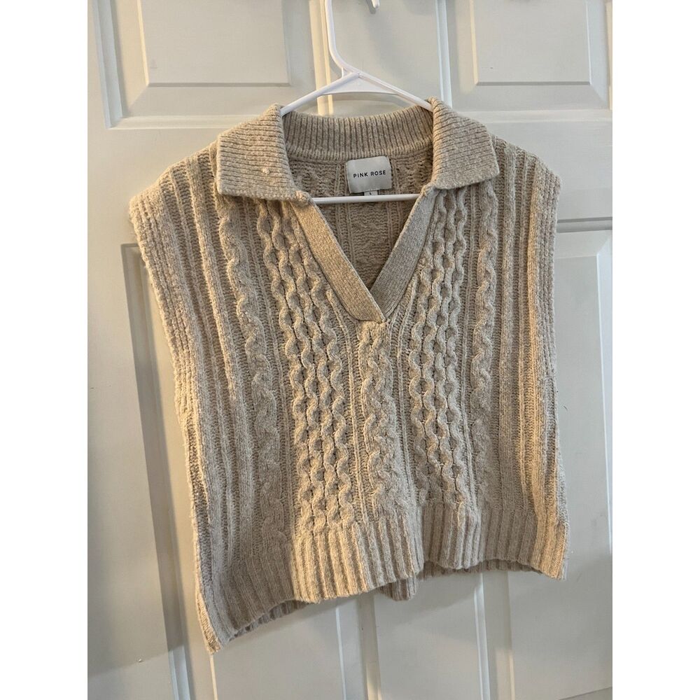 Pink Rose Beige Cable Knit V Neck Collared Sweater Vest Sleeveless Top L
